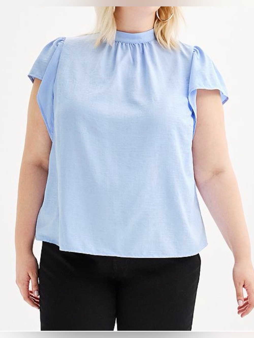 Nine West Women’s 2X Light Blue High Round Neck Flutter Short Sleeve Blouse